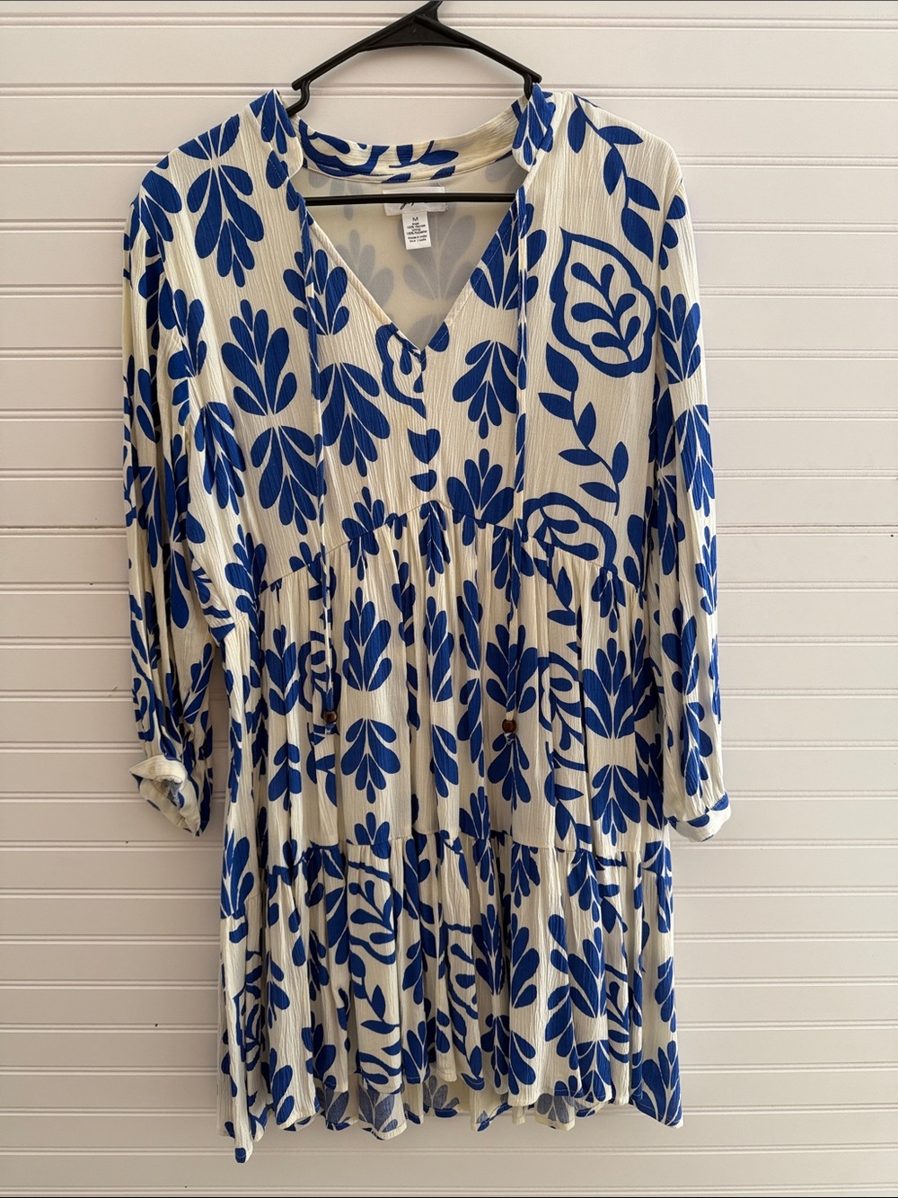 Japna Cream Dress with Bold Blue Floral Print - Long Sleeve